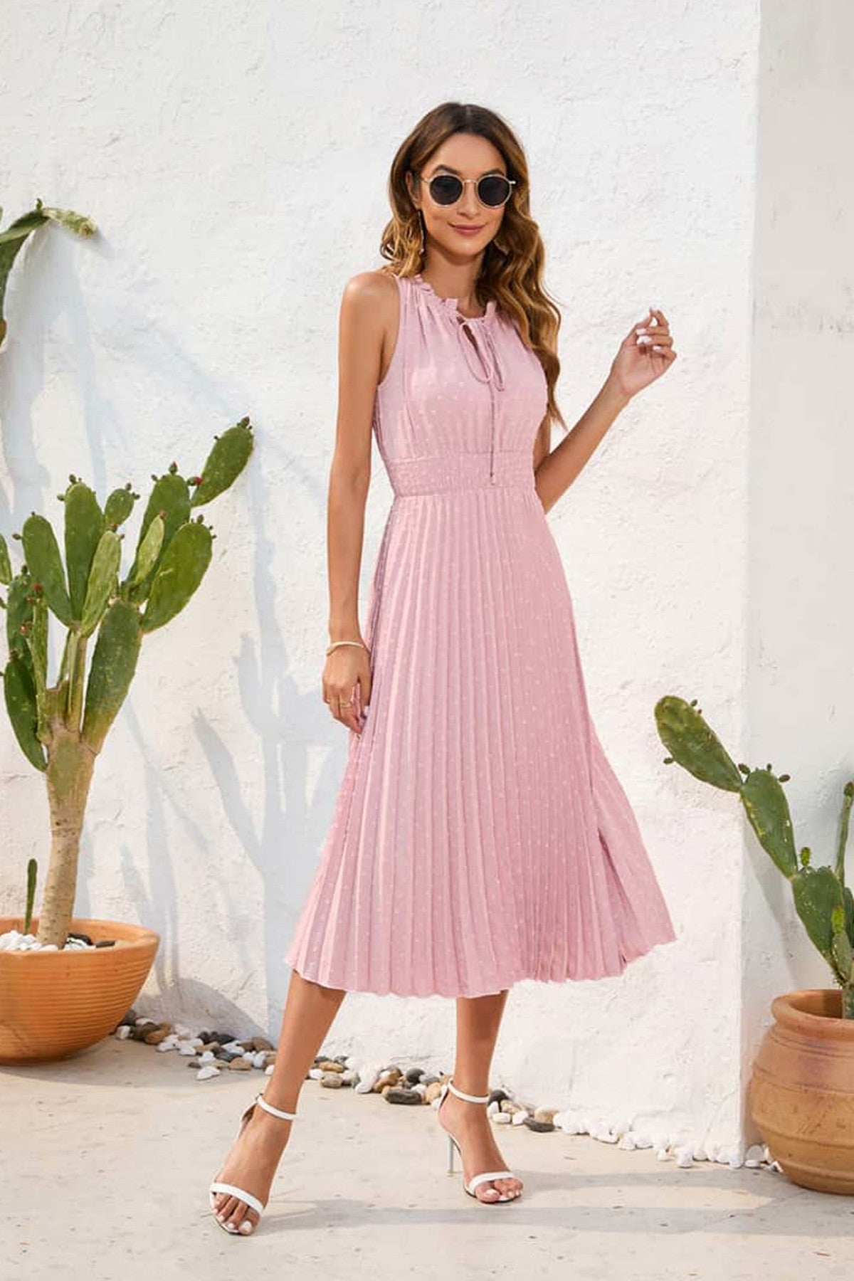 Abito midi da cerimonia Cecilia, scollo a V, senza maniche, rosa
