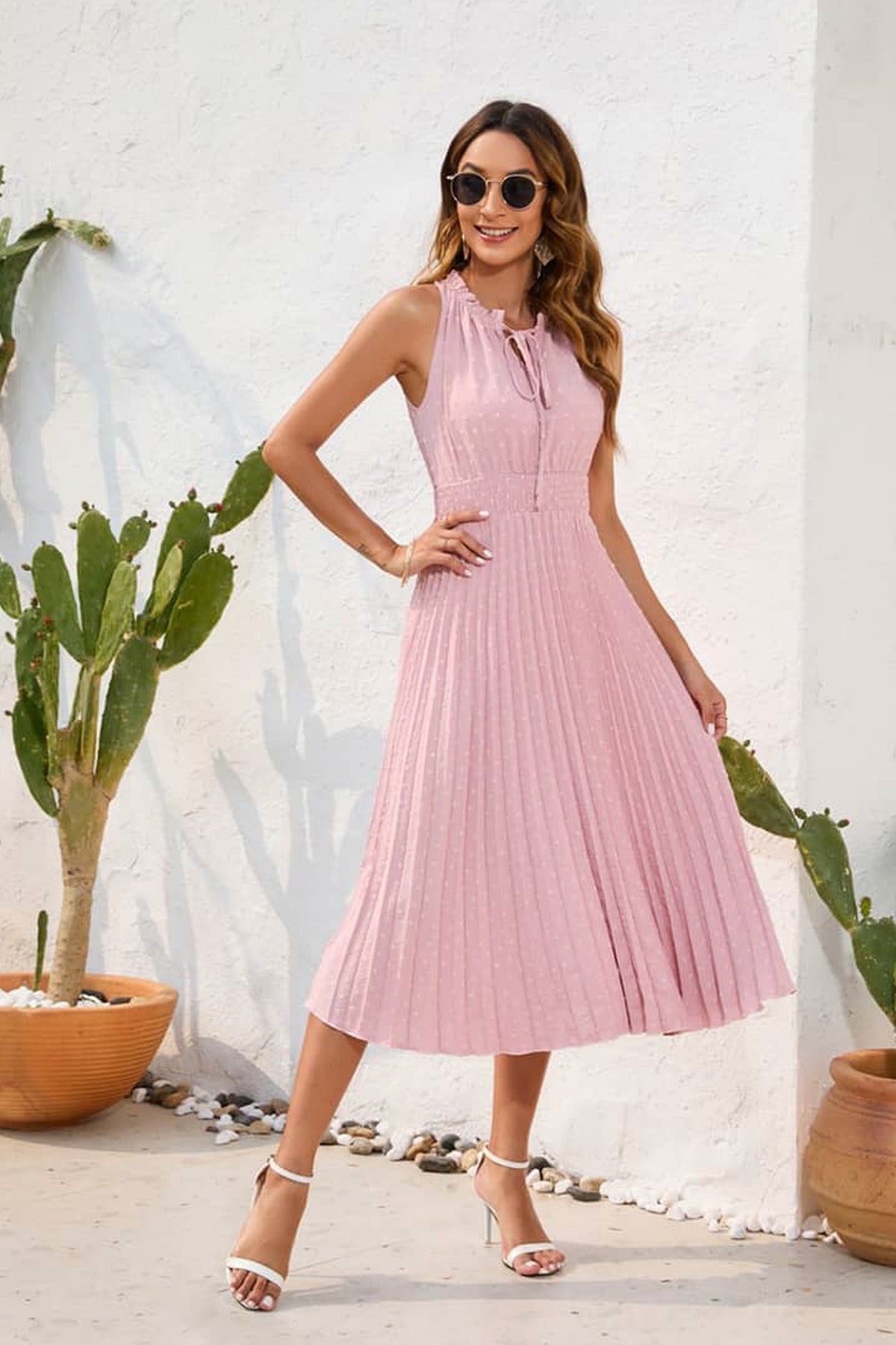 Abito midi da cerimonia Cecilia, scollo a V, senza maniche, rosa