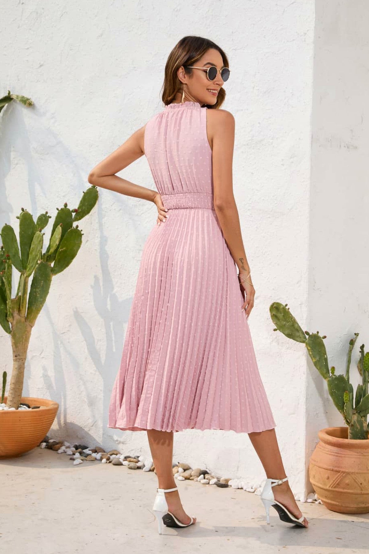 Abito midi da cerimonia Cecilia, scollo a V, senza maniche, rosa