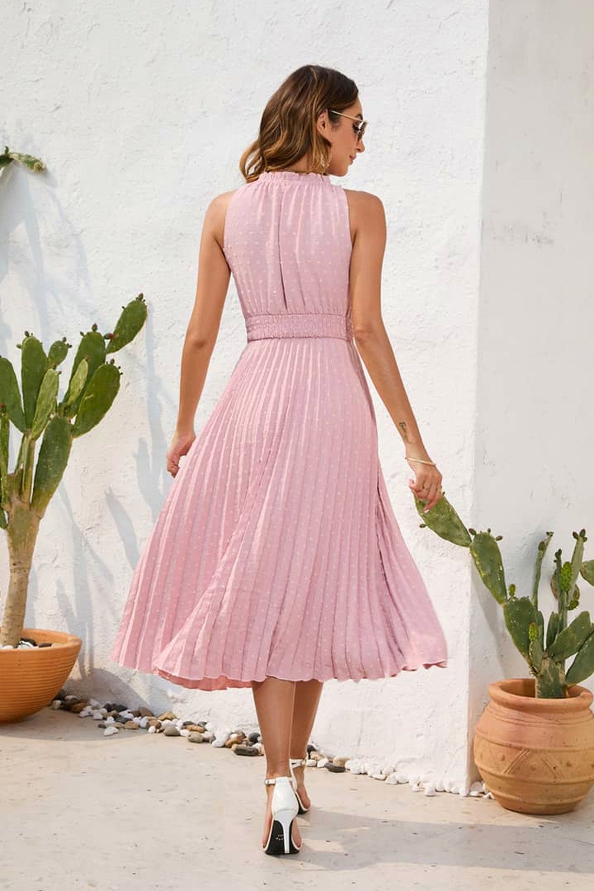 Abito midi da cerimonia Cecilia, scollo a V, senza maniche, rosa