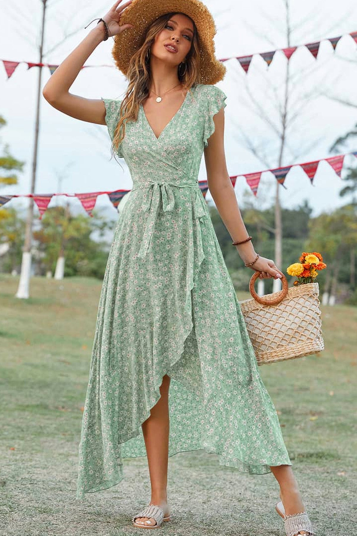 Abito lungo da cerimonia Giada, stampa floreale, scollo incrociato, blu navy e altri colori