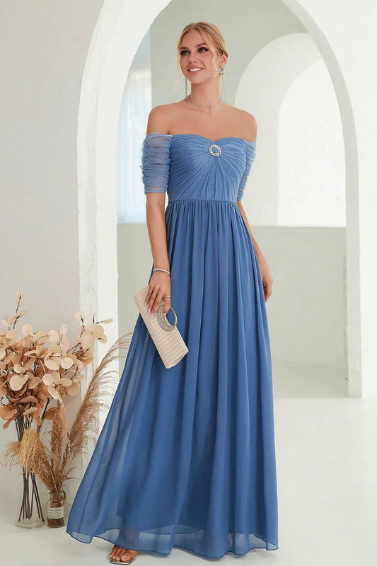 Abito lungo da cerimonia Diana, in tulle, corpetto senza spalline, blu e altri colori
