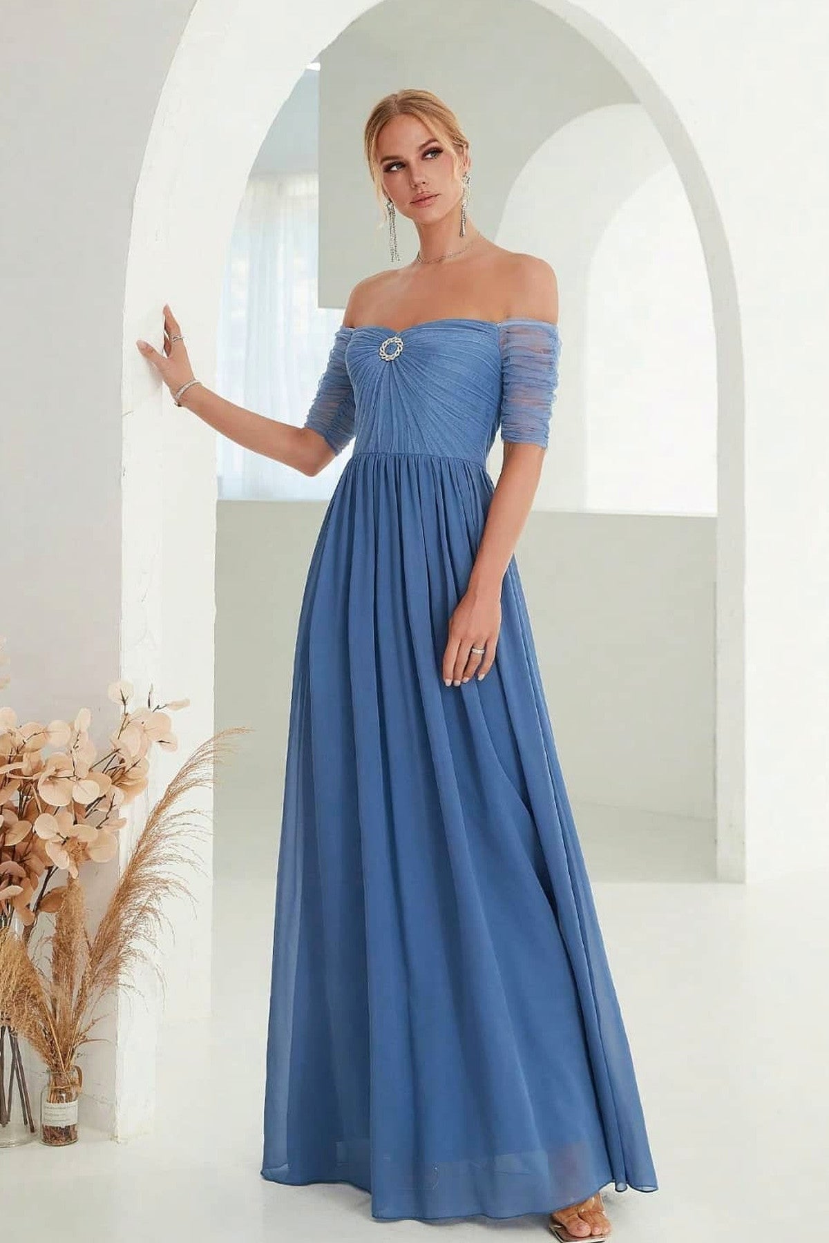 Abito lungo da cerimonia Diana, in tulle, corpetto senza spalline, blu e altri colori