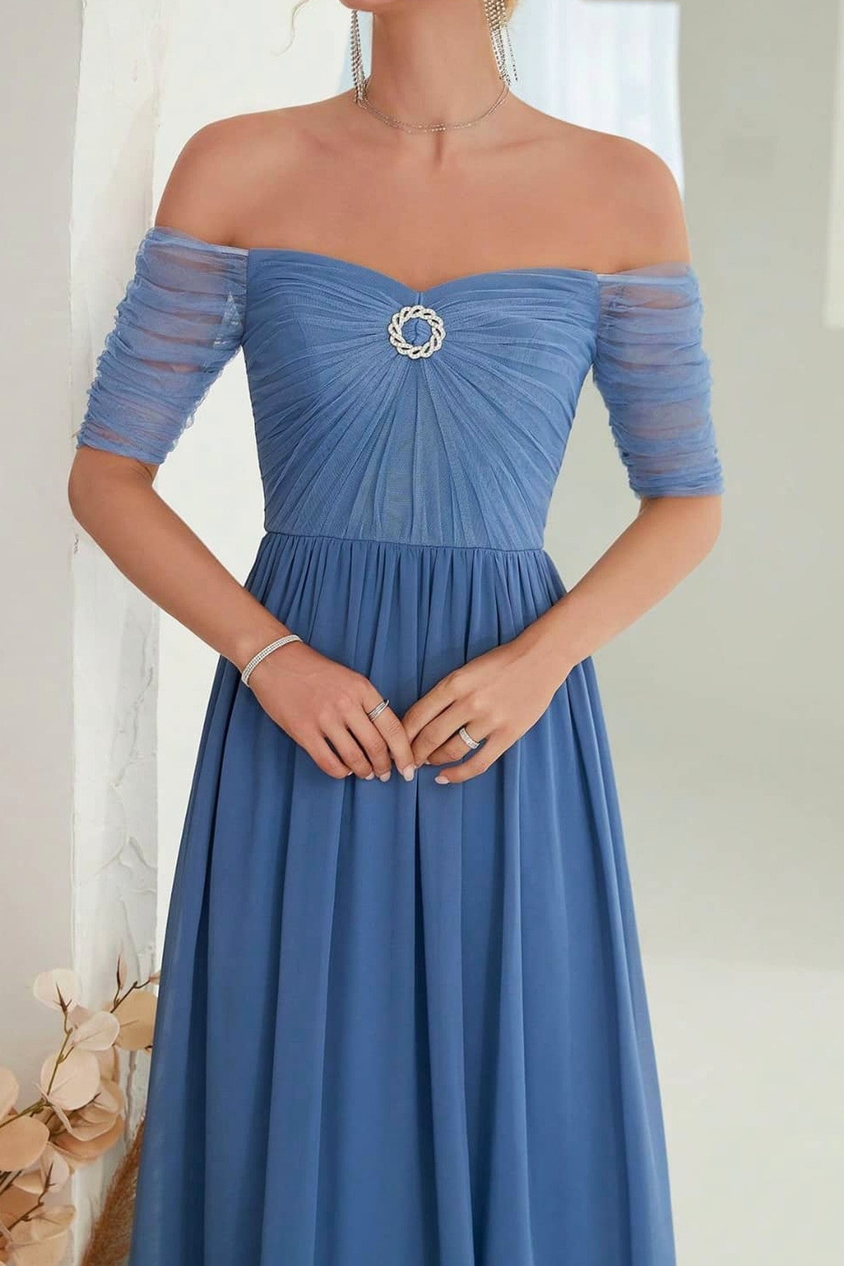 Abito lungo da cerimonia Diana, in tulle, corpetto senza spalline, blu e altri colori