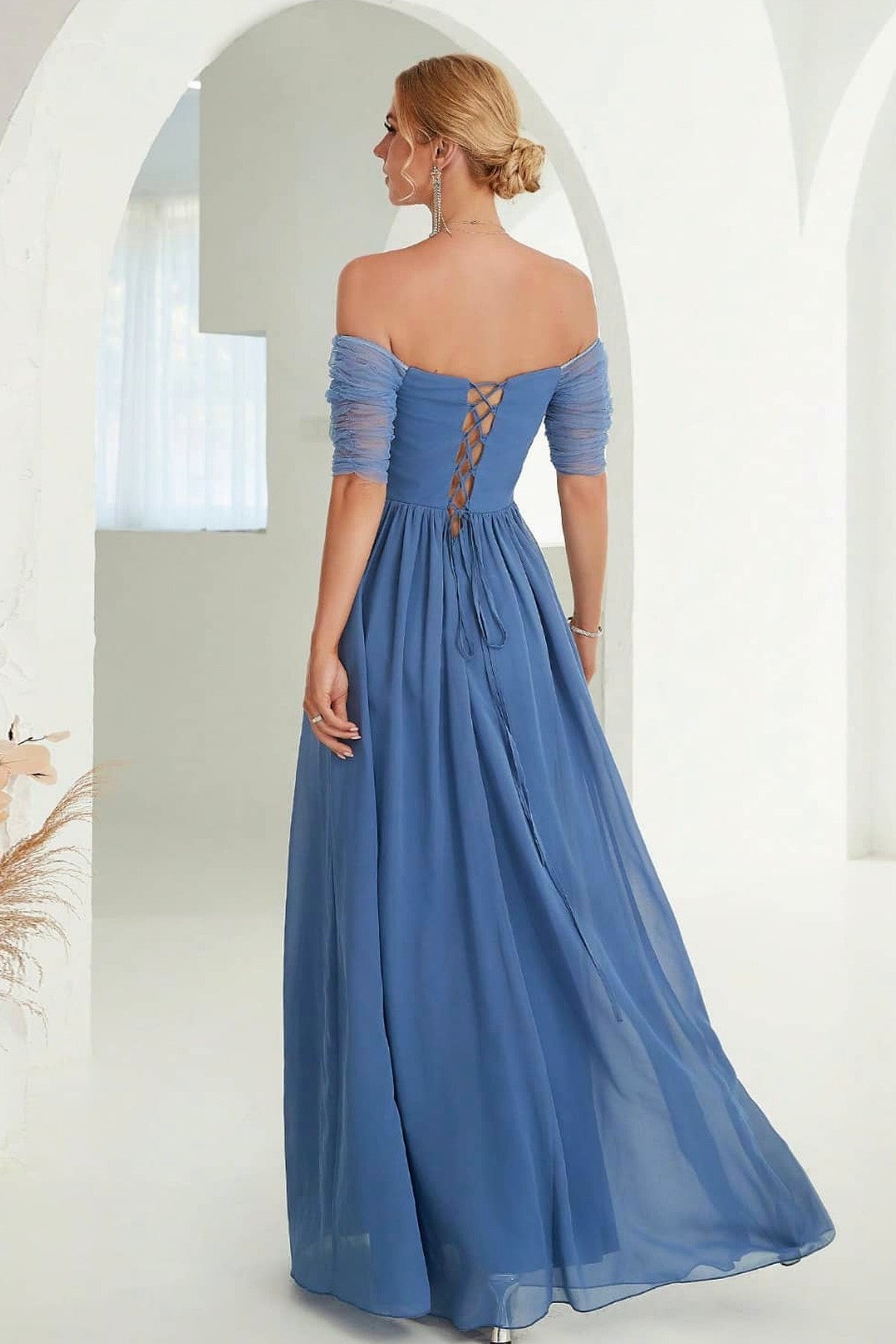 Abito lungo da cerimonia Diana, in tulle, corpetto senza spalline, blu e altri colori