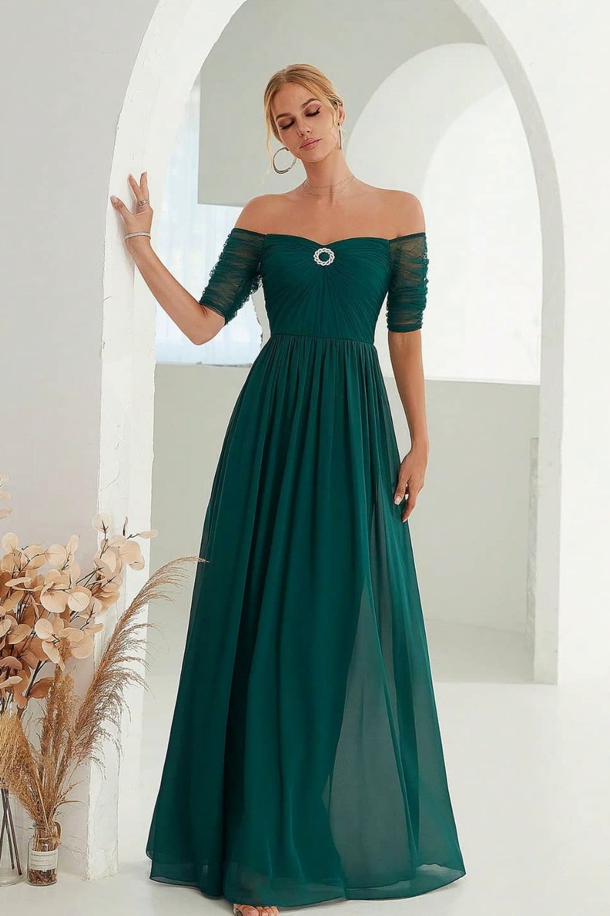Abito lungo da cerimonia Diana, in tulle, corpetto senza spalline, blu e altri colori