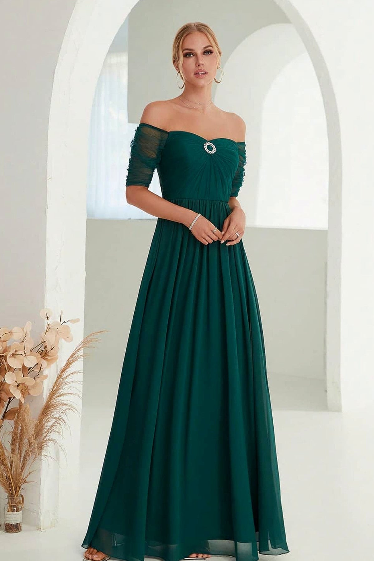 Abito lungo da cerimonia Diana, in tulle, corpetto senza spalline, blu e altri colori