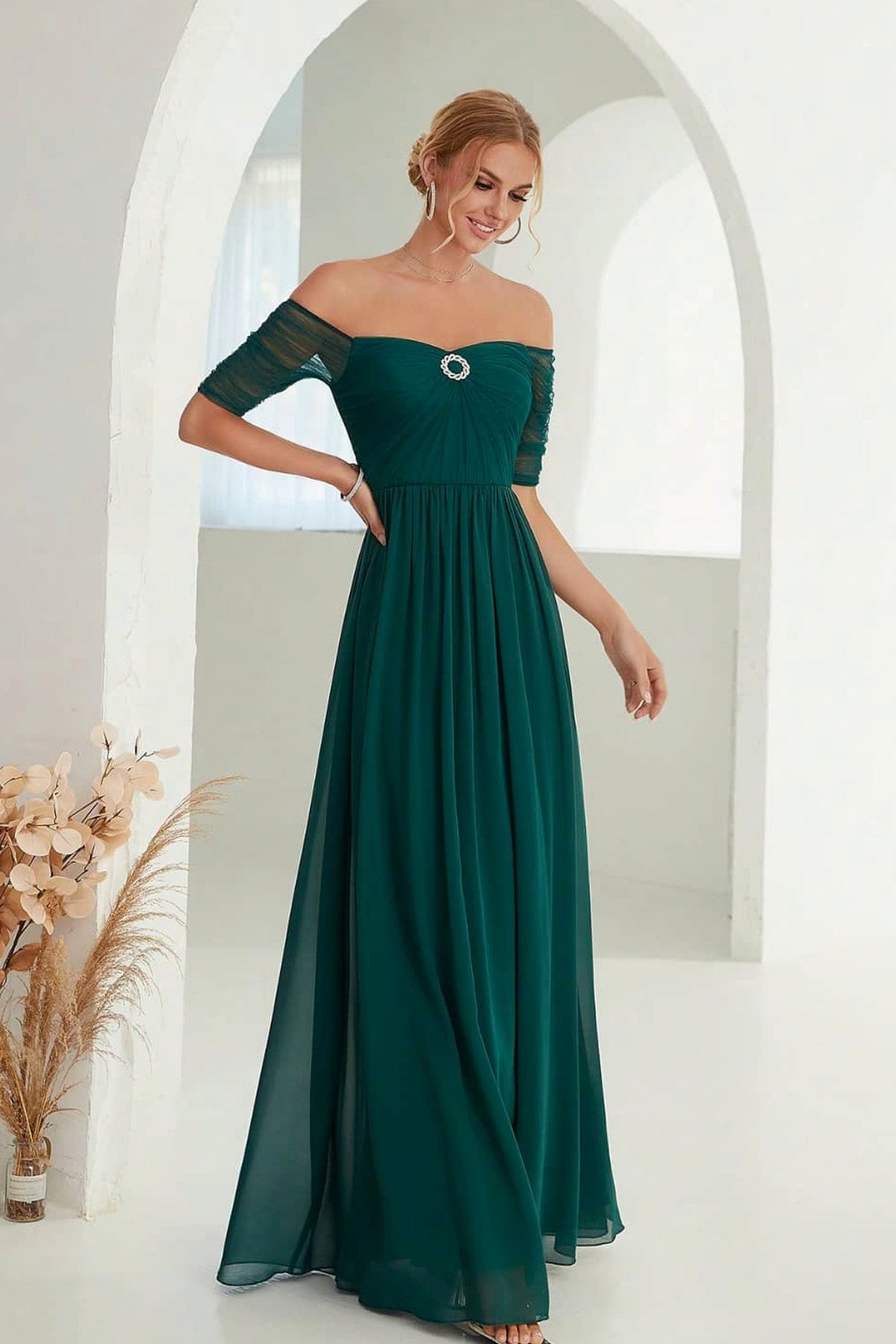 Abito lungo da cerimonia Diana, in tulle, corpetto senza spalline, blu e altri colori