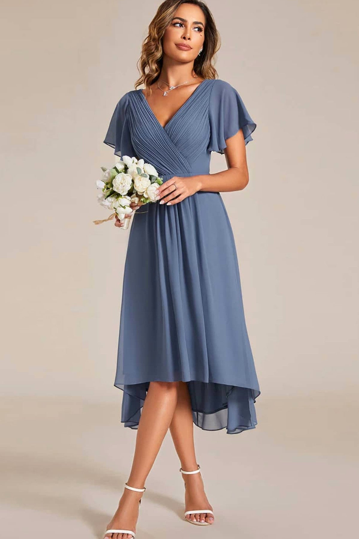 Abito midi da cerimonia Valentina, scollo a V, maniche corte, blu e altri colori
