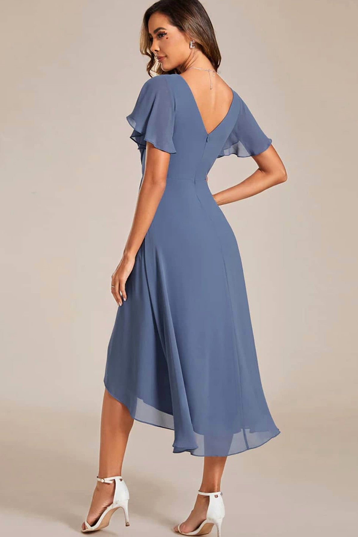 Abito midi da cerimonia Valentina, scollo a V, maniche corte, blu e altri colori