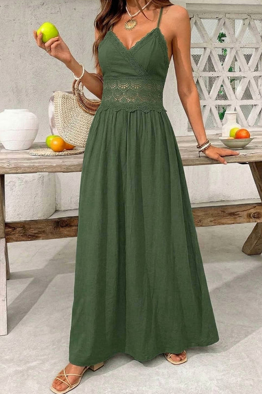Abito lungo da cerimonia Anita, inserti in pizzo, scollo a V, verde oliva e altri colori