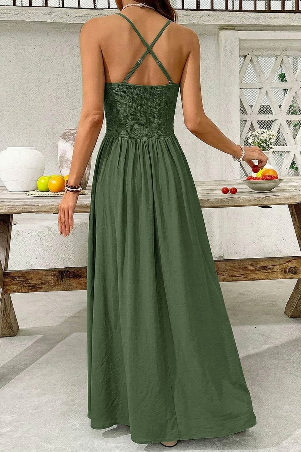 Abito lungo da cerimonia Anita, inserti in pizzo, scollo a V, verde oliva e altri colori
